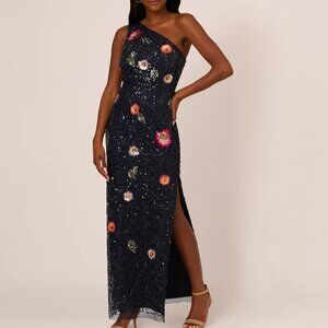Adrianna Papell One Shoulder Floral Bead Dress In Navy Multi